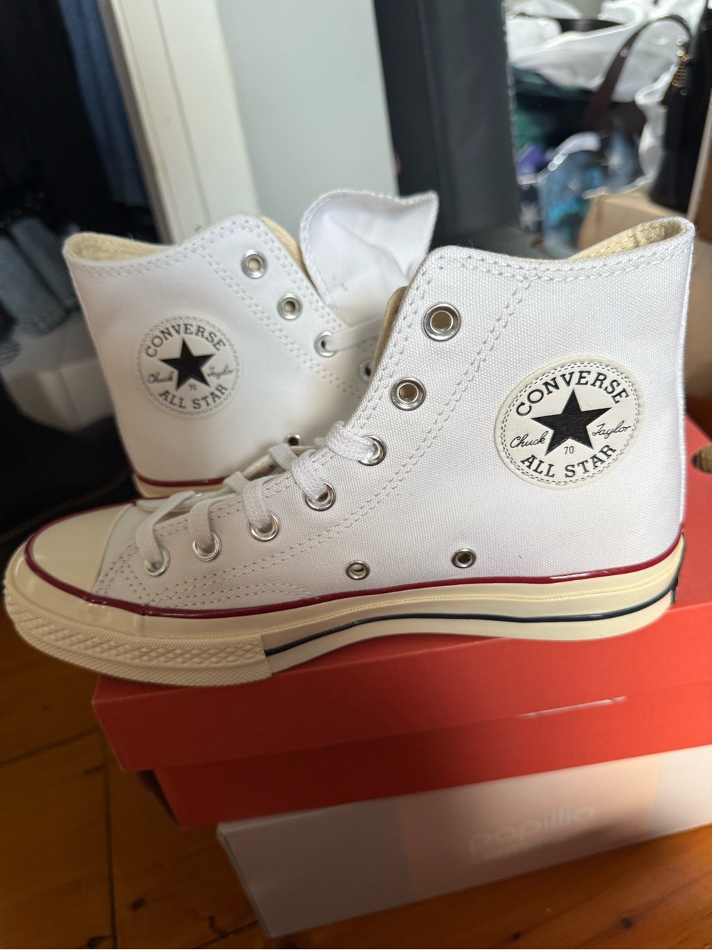 Converse White High Top Sneakers - white/navy/egret (Chuck 70)